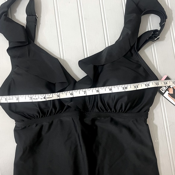 DKNY Ruffled V Neck Tankini Swimsuit Top‎ Womens Small Black Stretchy UPF NWT - Picture 8 of 11